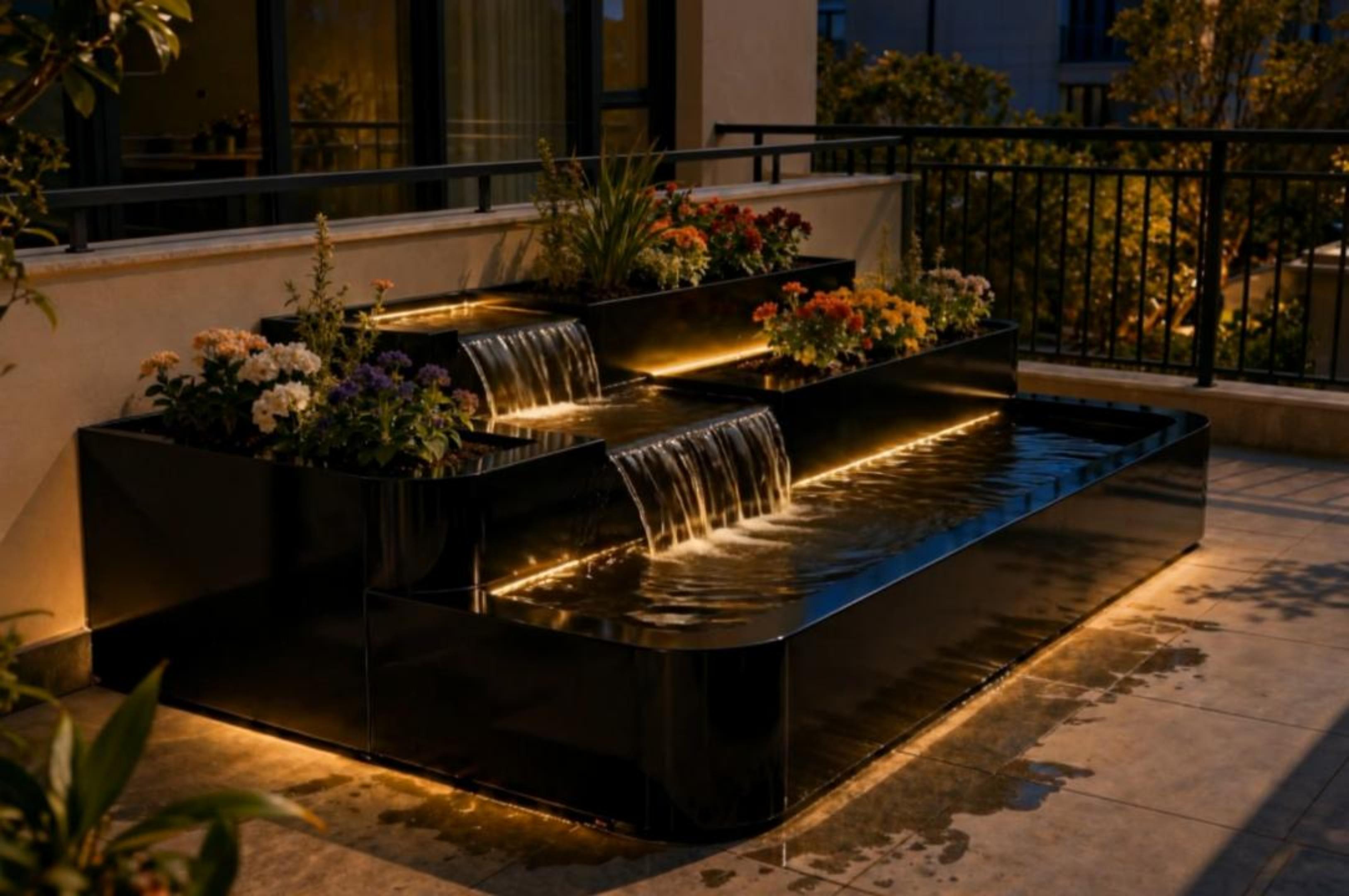 Modern Minimalist Tiered Balcony Planter & Waterfall Water Feature