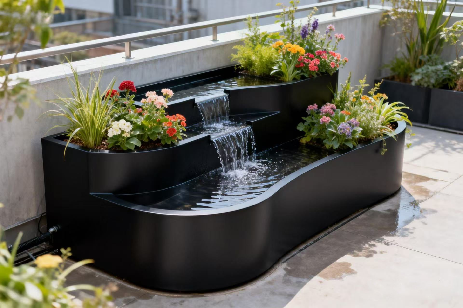 Matte Black Triple-Cascade Waterfall Planter