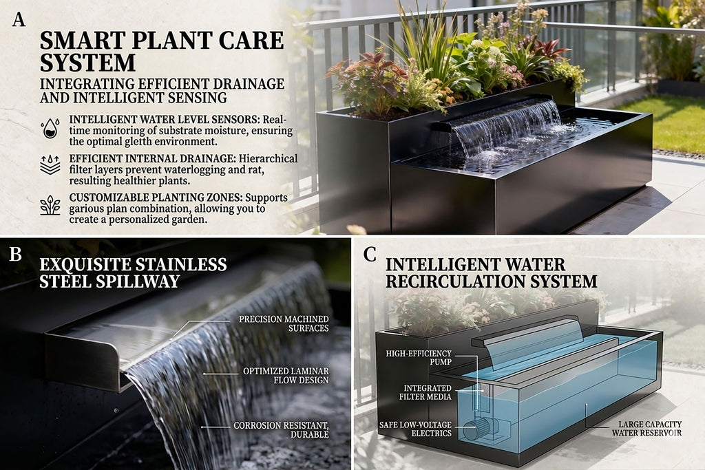 Matte Black Stainless Steel Tiered Water Feature & Planter