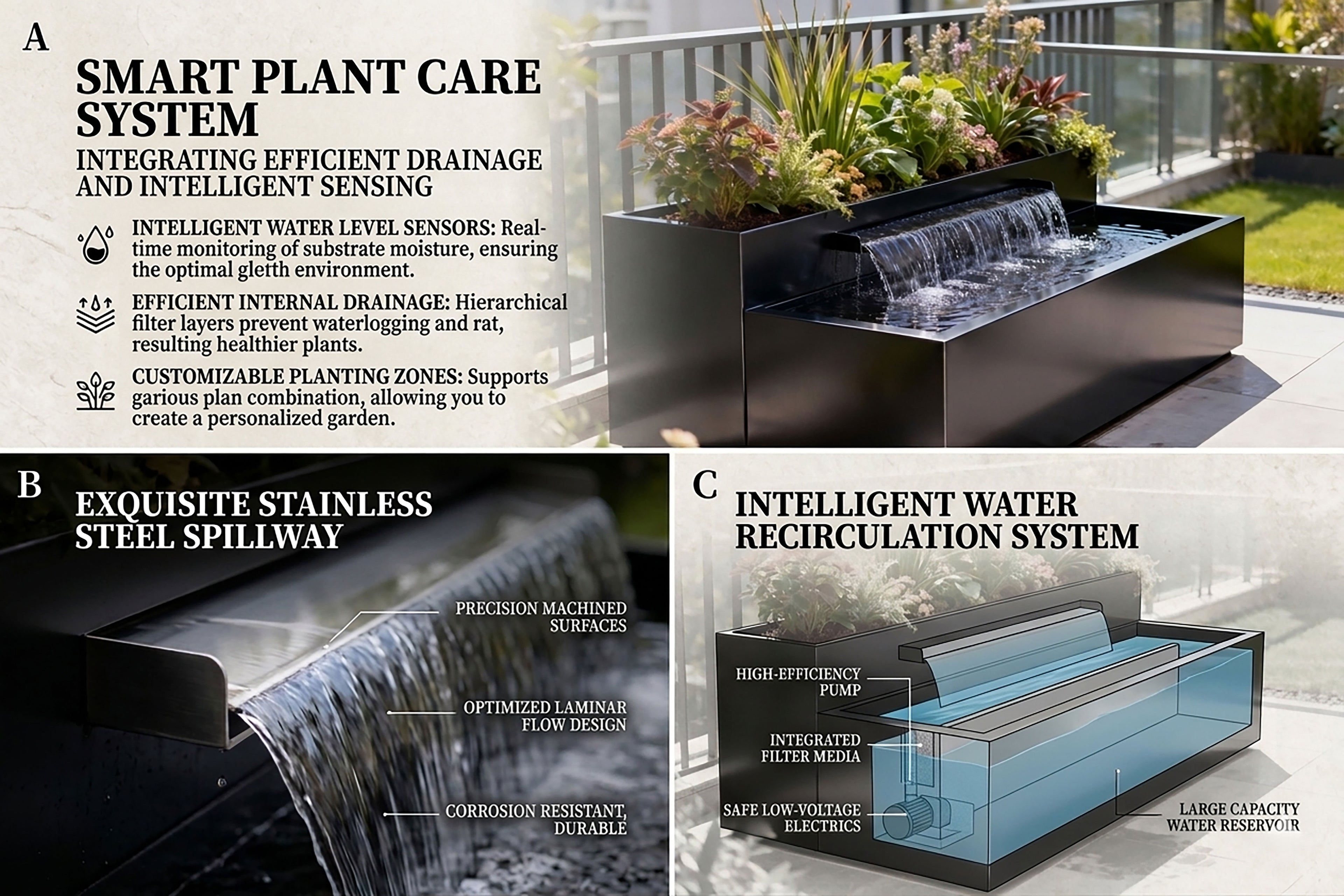 Matte Black Stainless Steel Tiered Water Feature & Planter