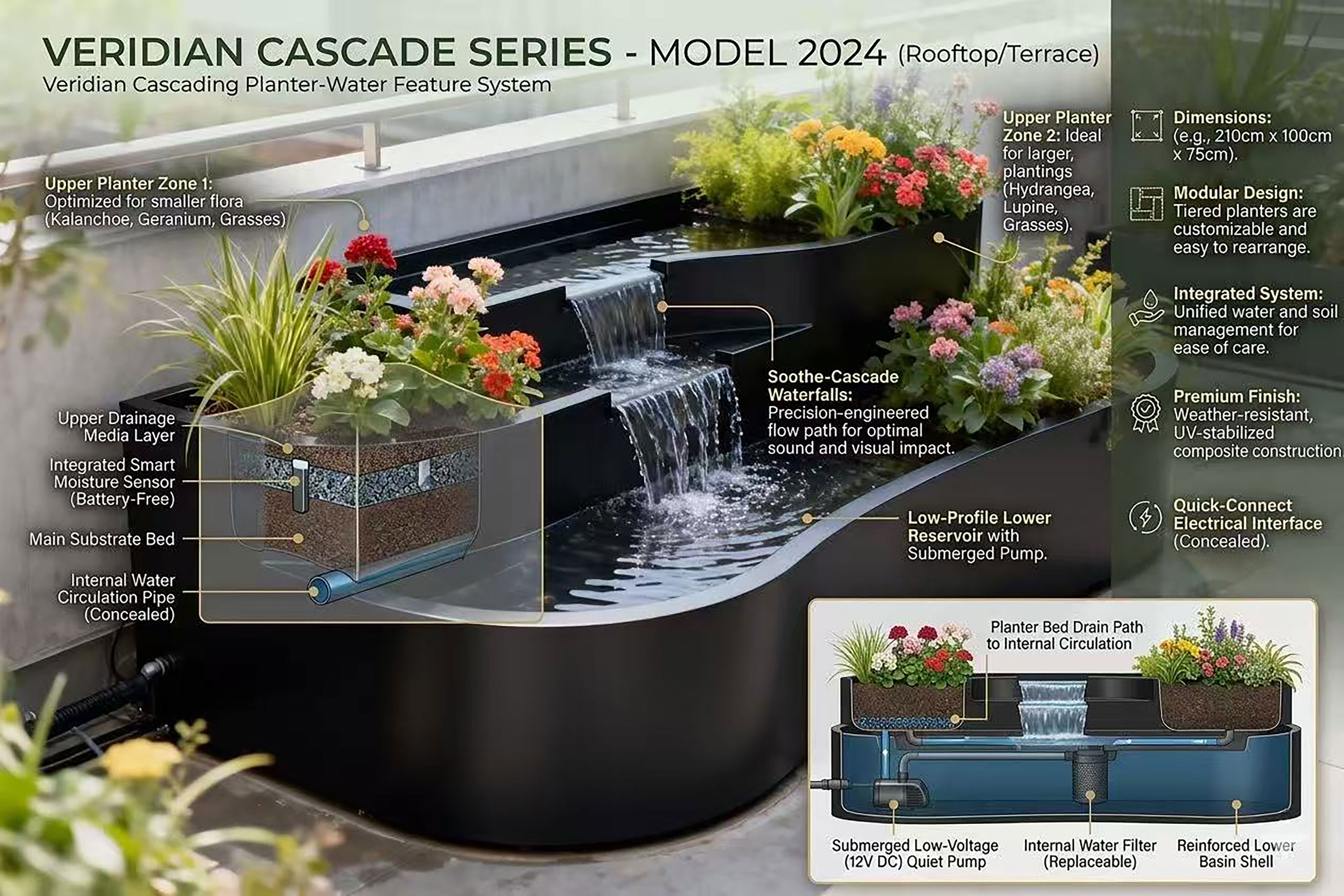Matte Black Triple-Cascade Waterfall Planter