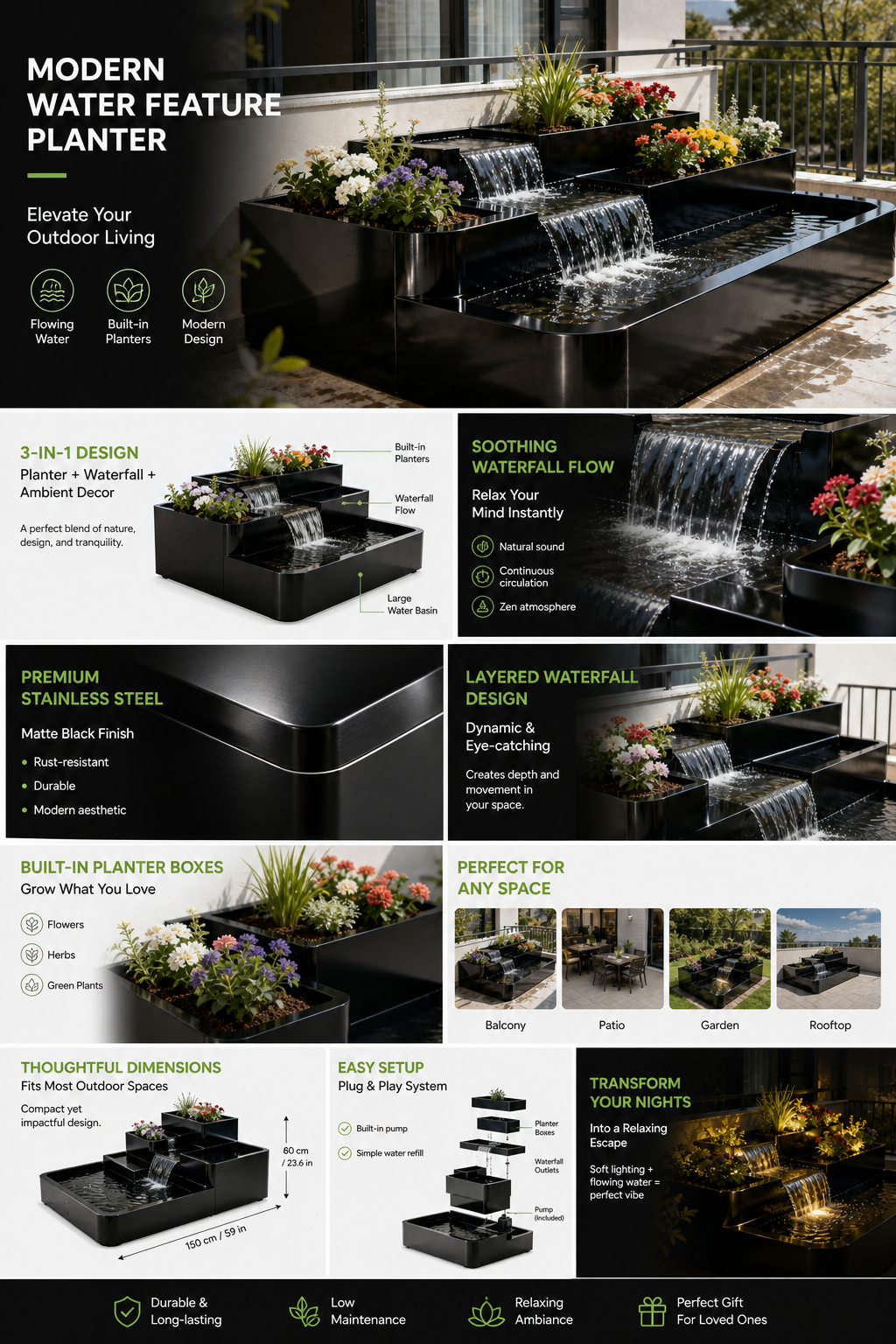Modern Minimalist Tiered Balcony Planter & Waterfall Water Feature