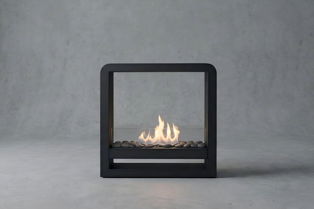 AeroCube Free-Standing Bioethanol Fireplace – Minimalist Matte Black Double-Sided Fire Pit