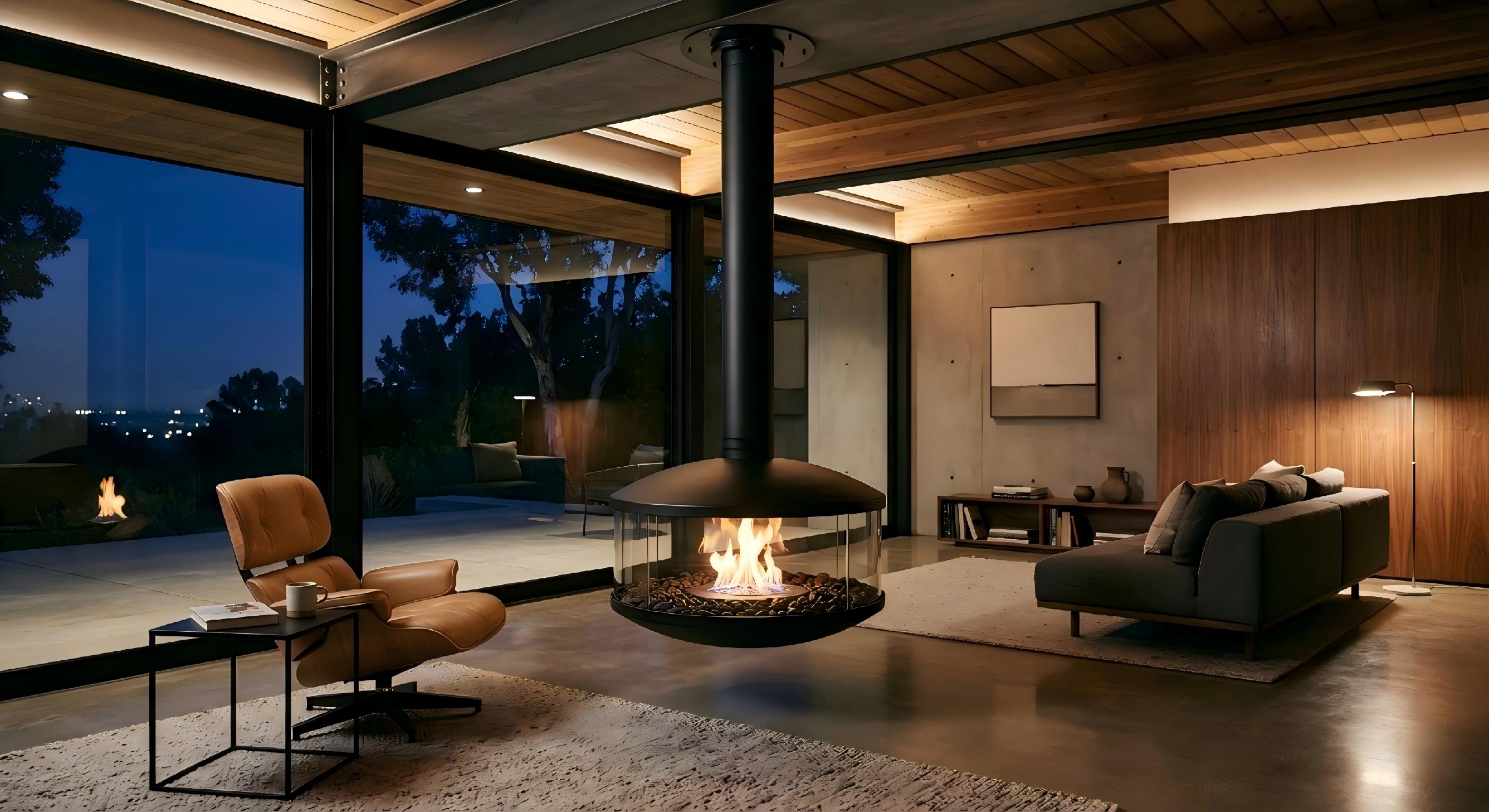 AeroVibe Suspended Bioethanol Fireplace – Minimalist Matte Black UFO Firepit