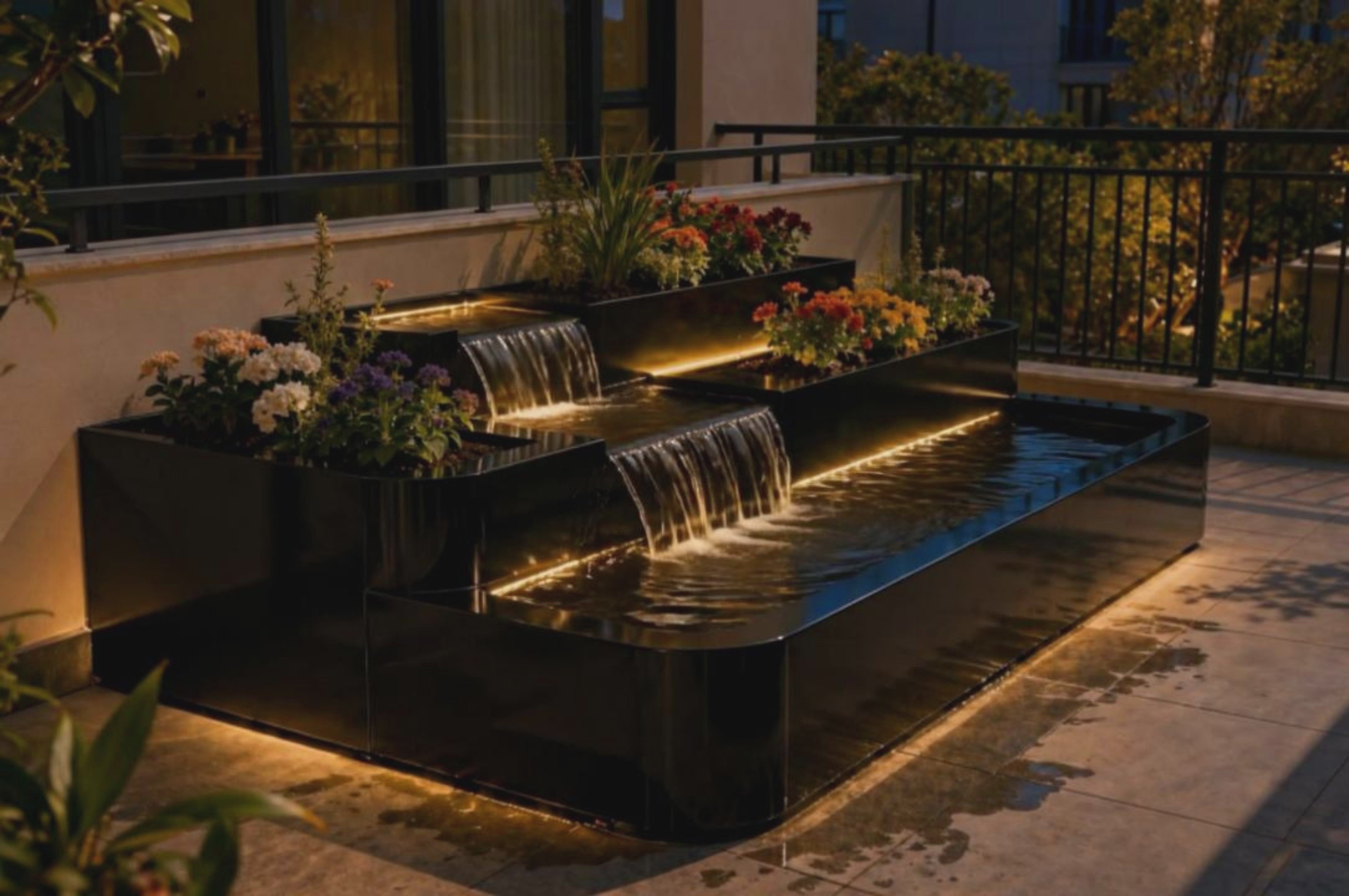 Modern Minimalist Tiered Balcony Planter & Waterfall Water Feature