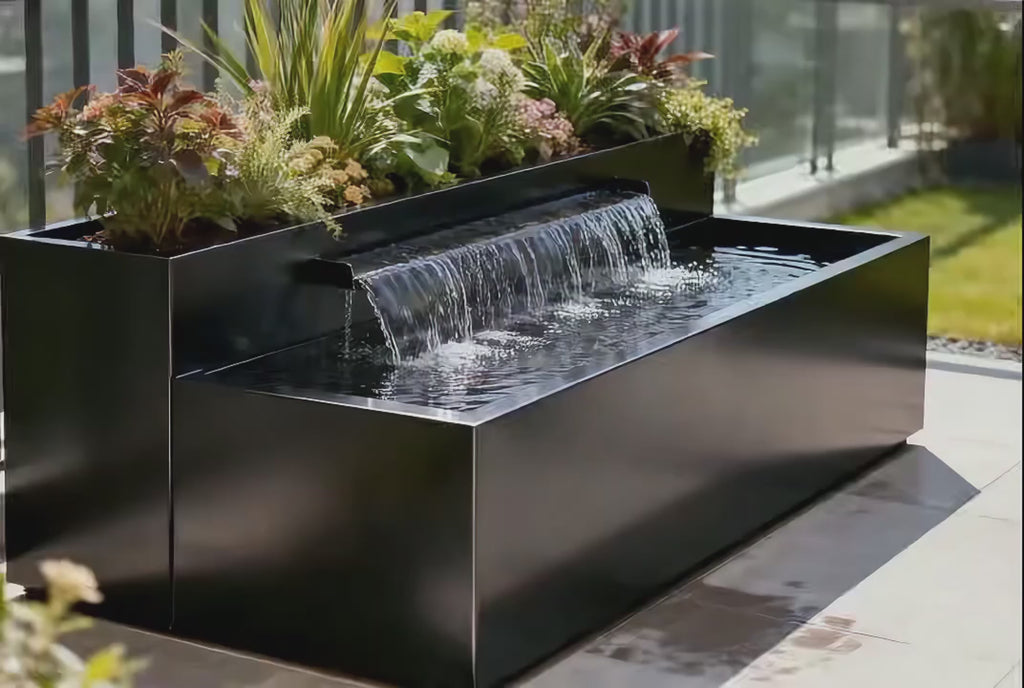 Matte Black Stainless Steel Tiered Water Feature & Planter