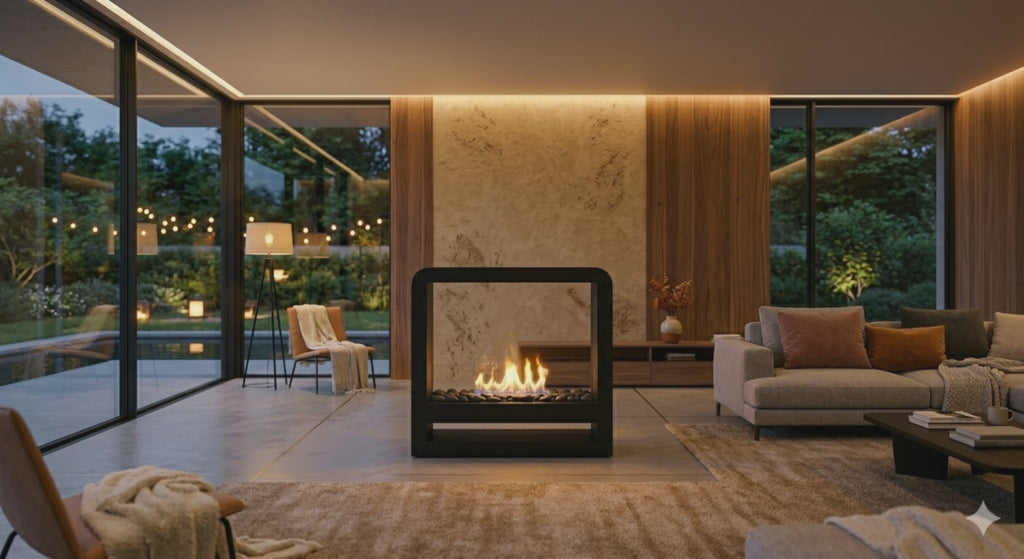 AeroCube Free-Standing Bioethanol Fireplace – Minimalist Matte Black Double-Sided Fire Pit