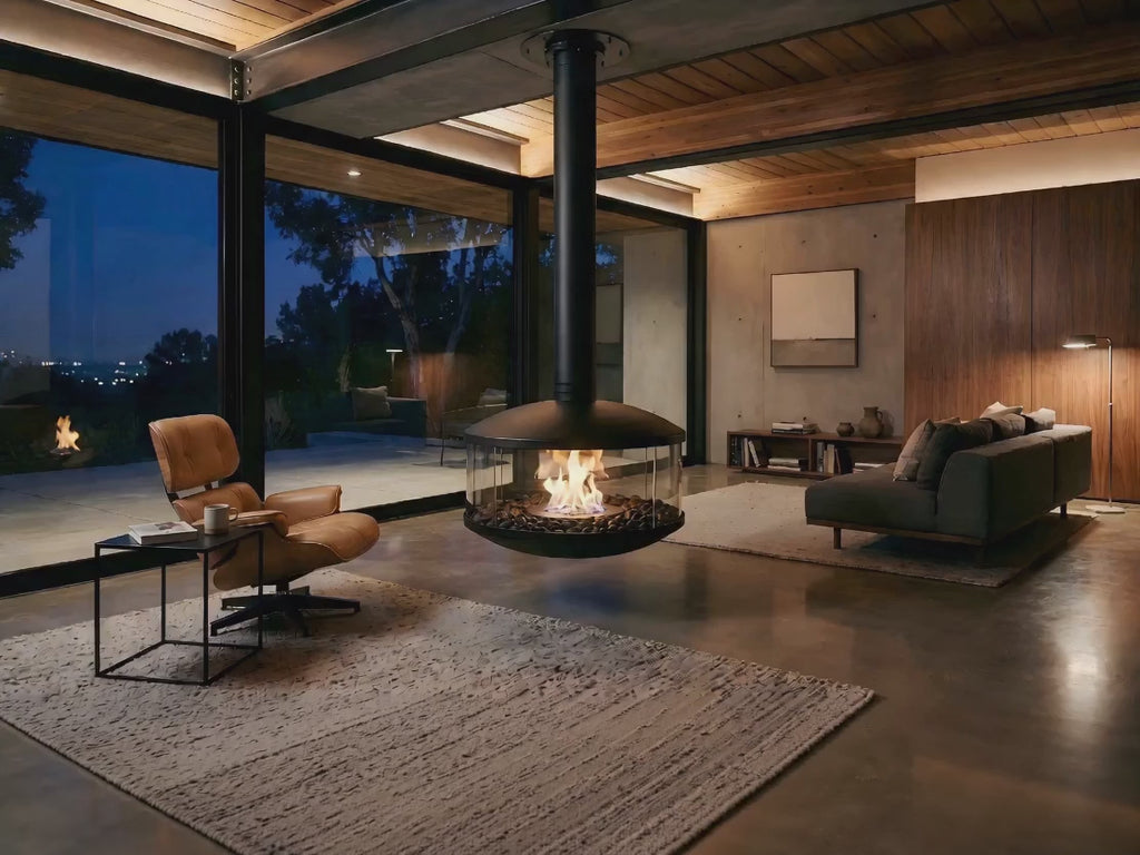 AeroVibe Suspended Bioethanol Fireplace – Minimalist Matte Black UFO Firepit