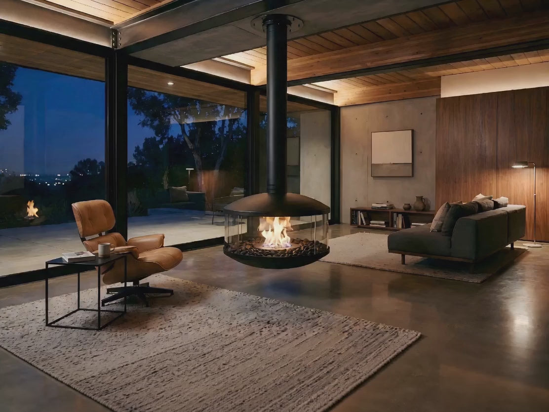 AeroVibe Suspended Bioethanol Fireplace – Minimalist Matte Black UFO Firepit